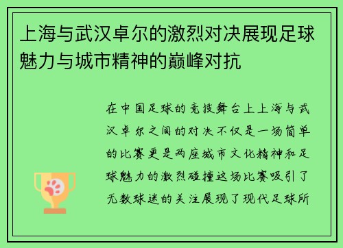 上海与武汉卓尔的激烈对决展现足球魅力与城市精神的巅峰对抗