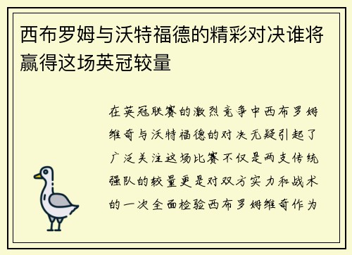西布罗姆与沃特福德的精彩对决谁将赢得这场英冠较量