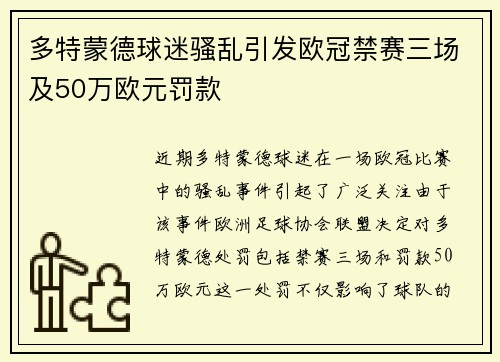 多特蒙德球迷骚乱引发欧冠禁赛三场及50万欧元罚款