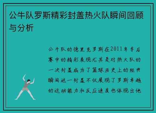 公牛队罗斯精彩封盖热火队瞬间回顾与分析