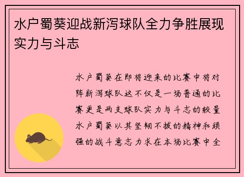 水户蜀葵迎战新泻球队全力争胜展现实力与斗志