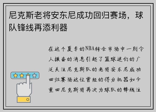 尼克斯老将安东尼成功回归赛场，球队锋线再添利器