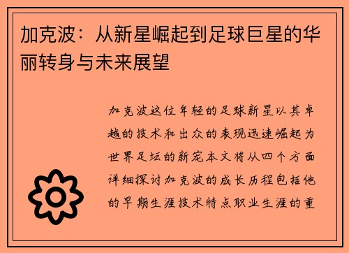 加克波：从新星崛起到足球巨星的华丽转身与未来展望