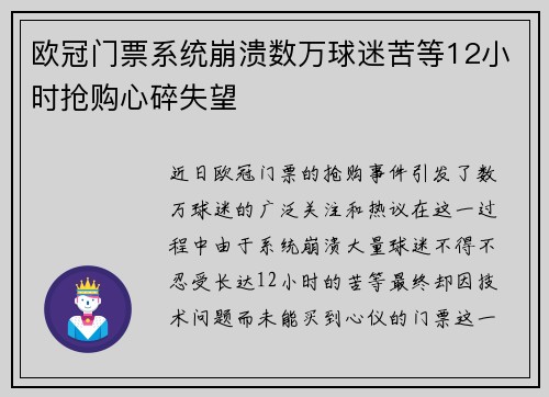 欧冠门票系统崩溃数万球迷苦等12小时抢购心碎失望