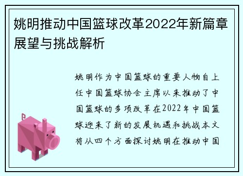 姚明推动中国篮球改革2022年新篇章展望与挑战解析