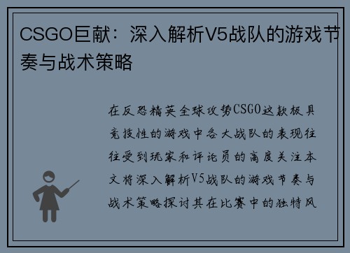 CSGO巨献：深入解析V5战队的游戏节奏与战术策略