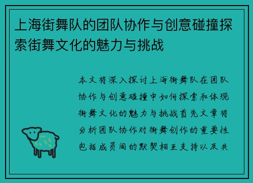 上海街舞队的团队协作与创意碰撞探索街舞文化的魅力与挑战