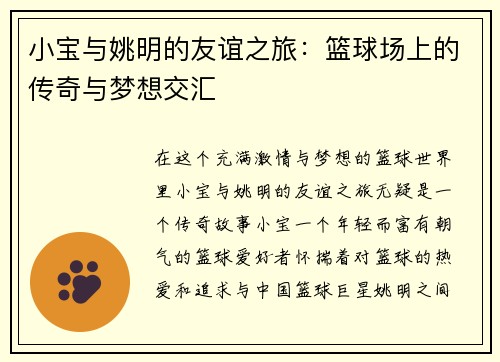 小宝与姚明的友谊之旅：篮球场上的传奇与梦想交汇