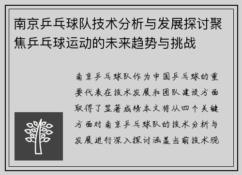 南京乒乓球队技术分析与发展探讨聚焦乒乓球运动的未来趋势与挑战
