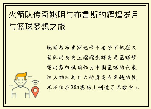 火箭队传奇姚明与布鲁斯的辉煌岁月与篮球梦想之旅
